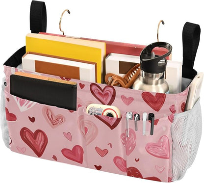 CuwrYet Bedside Caddy Hanging Bunk Bed Caddy Bed Organizer Hanging Pocket with 2 Hooks Bedside Storage Organizer Pocket Bag Holder Pink Cute Hearts