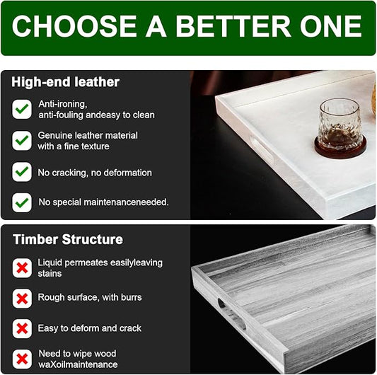 20 * 20 inches Leather Square Serving Tray with Hole Handles,High-End Light Large Service Tray for Ottoman Tray, Tea, Food, Butler - Countertop, Kitchen,Family Dinner, Picnic (White)