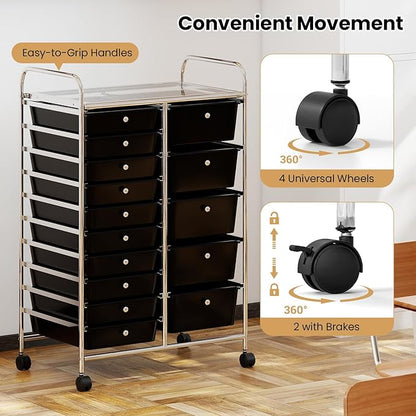 Giantex 15 Drawer Rolling Cart with Drawers, Storage Organizer Cart for Classroom Office School Teacher, Mobile Drawer Cart for Tools, Crafts, Small Printer, Black