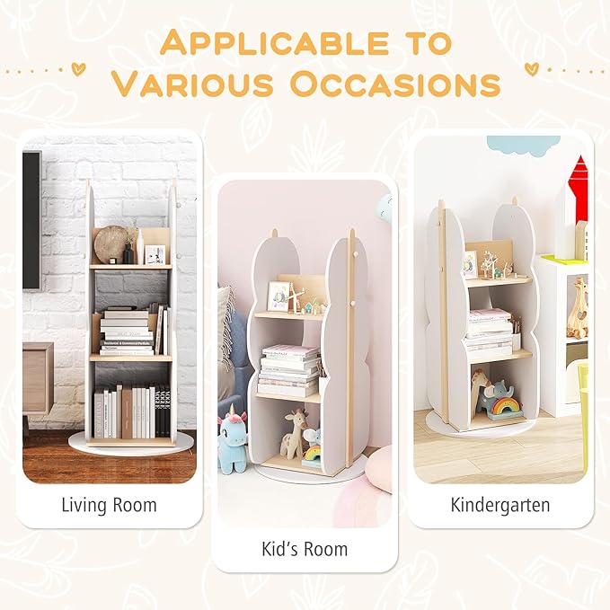 Costzon Kids Rotating Bookshelf, 3-Tier Small Book Shelf w/12 Sectors, 360° Display Spinning Bookshelf Tower, Wooden Revolving Bookcase for Kid's Room, Living Room, Daycare, Small Spaces (White)