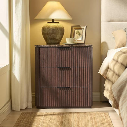Fluted Nightstand Set of 2, Engineered Wood Bedside Table with 3 Drawers, Modern End Table with Faux Marble-Top, Curved Corners, Metal Handle, Large Night Stand for Bedroom, Office, Closet, Dark Oak