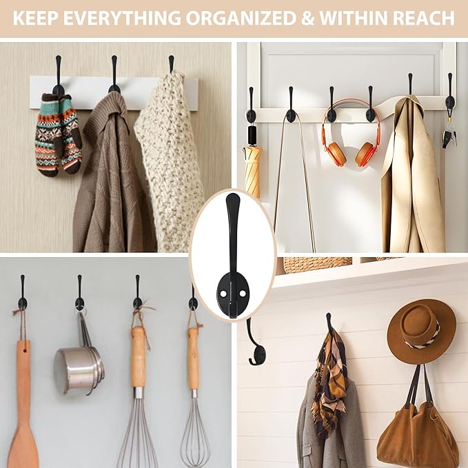 10 Pack Coat Hooks Wall Mounted with 20 Screws, Heavy Duty Black Towel Hooks Metal Double Hooks, No Rust Retro Rustic Wall Hooks for Hanging Towel, Coat, Scarf, Bag, Hat, Cup, Key