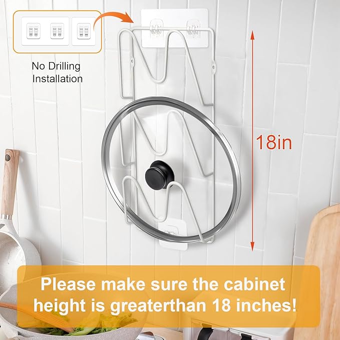 MZTOOL 2 Pack Pot-Lid-Organizer, 6-Tier Pots and Pans Lid-Organizer for Cabinet Door/Wall, No Drilling Adhesive Wall/Door Mounted Rustproof Pot-Lid-Holder for Kitchen Organization - White