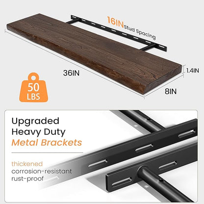 Fun Memories Floating Shelves for Wall Set of 2, Rustic Solid Elm Wood Live Edge Wall Shelves 36 Inch - Invisible Bracket Mount for Living Room, Bathroom, Bedroom, Kitchen, Walnut