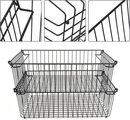 Set of 2 Stackable XXL Wire Baskets For Pantry Storage and Organization -16x12in Large Metal Food Baskets -Vegetable,Fruit,Potato,Onio, Pantry Storage Bins With Handles (Black, XXL)