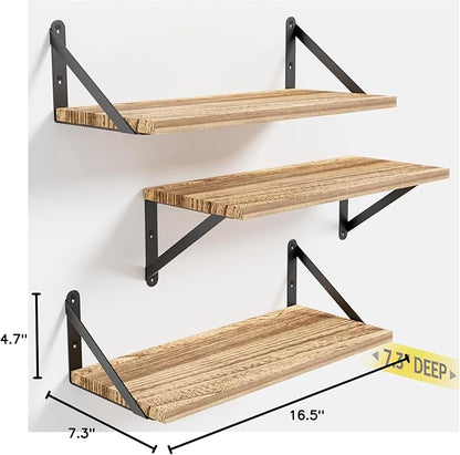 Wall Shelves 7.3" Deep Set of 3, Solid Paulownia Wood Wider Longer Sturdy Easy to Install Wall Mounted Bookshelves Storage Shelves Bathroom Home Office Laundry Room Bedroom Organizer