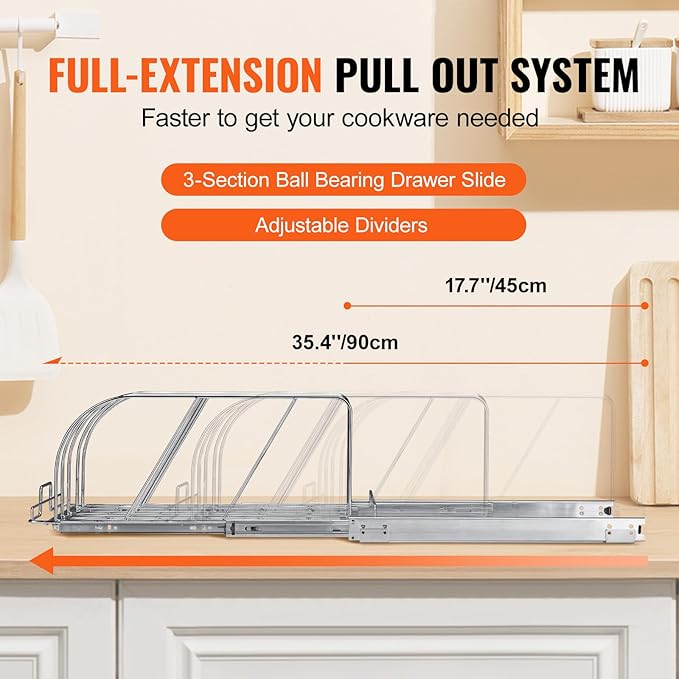 VEVOR Pan and Pot Rack, Expandable Pull Out Under Cabinet Organizer, Cookie Sheet Baking Pans tray Organization, Adjustable Wire Dividers, Steel Lid Holder for Kitchen Cabinet & Pantry Storage, 13.8"W