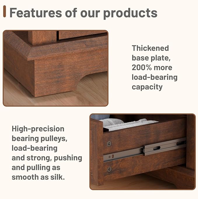 Nightstand with Charging Station Set, 24” Wide End Table with 3 Drawers Set of 2, Modern Bedside Table with Storage, Wood Small Dresser for Bedroom Room (Cherry)