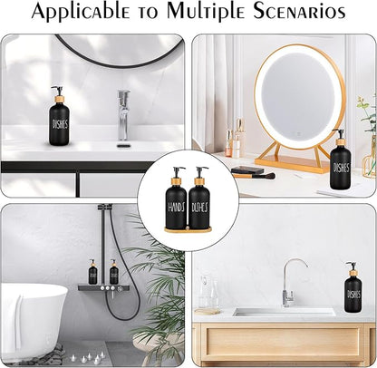Arktek Glass Soap Dispenser Set with Tray, 2 Pack Hand and Dish Soap Dispenser Set for Bathroom and Kitchen Bottle Dispenser with Dish Soap, Hand Soap, Lotion 17 Oz (2 Black)