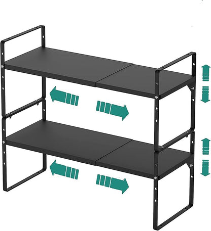 Expandable Cabinet Shelf Organizer Rack, Stackable Kitchen Counter Storage Shelves Stand, Adjustable Height Pantry Shelf Spice Rack, Heavy Duty Nonslip Black Large 2Pack