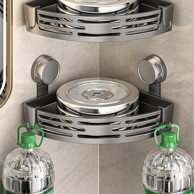 Triangle Suction Cup Shower Caddy, Corner Shower Shelves No Drilling, Aluminum Upgrade Suction Cup Shower Organizer with Towel Bar & Hooks, Heavy-Duty Strong Hold (Black, 3pcs)