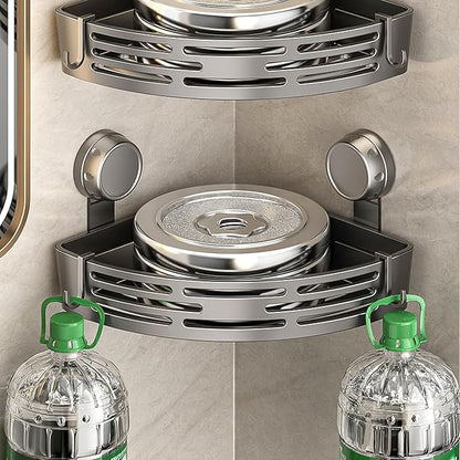 Triangle Suction Cup Shower Caddy, Corner Shower Shelves No Drilling, Aluminum Upgrade Suction Cup Shower Organizer with Towel Bar & Hooks, Heavy-Duty Strong Hold (Black, 3pcs)