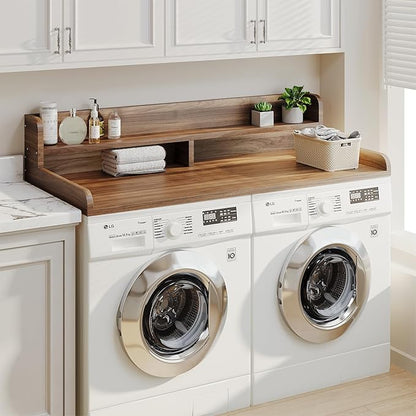 2-Tier Washer Dryer Countertop with 2.75" H Edge Rails, 58" W x 28" D Laundry Countertop for Folding Clothes, Washer and Dryer Topper with Non-Slip Pad (Dark Walnut)