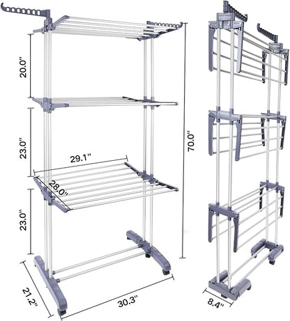 Clothes Drying Rack Foldable Drying Rack Clothing,Oversize 4 Tier(70" High) Clothes Horses Stainless Steel Laundry Drying Rack with Collapse Base& 24 Poles for Clothing&Bed Linen,Gray