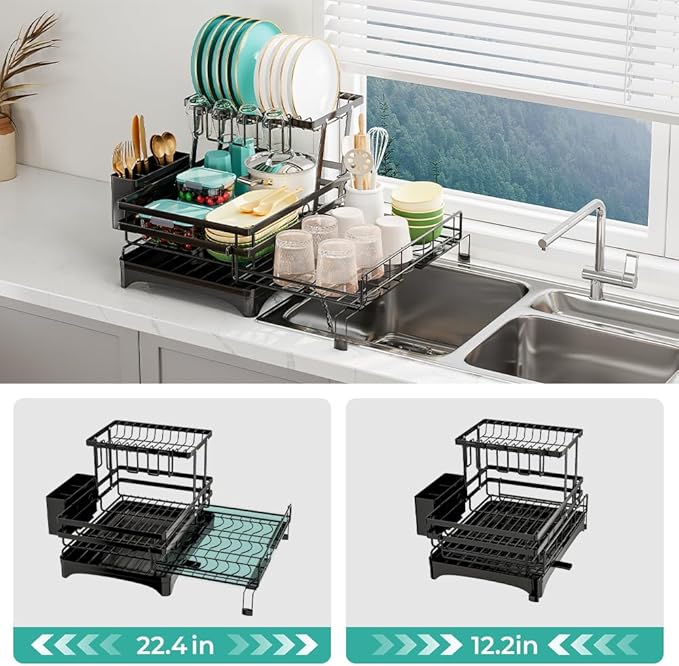 HANLE 2 Tier Dish Drying Rack - Large Extendable Dish Rack, 2-in-1 Anti-Rust Stainless Steel Dishrack for Kitchen Counter and Sink, Dish Strainer with Utensil Holder & Cup Holder(Black)