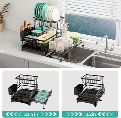 HANLE 2 Tier Dish Drying Rack - Large Extendable Dish Rack, 2-in-1 Anti-Rust Stainless Steel Dishrack for Kitchen Counter and Sink, Dish Strainer with Utensil Holder & Cup Holder(Black)