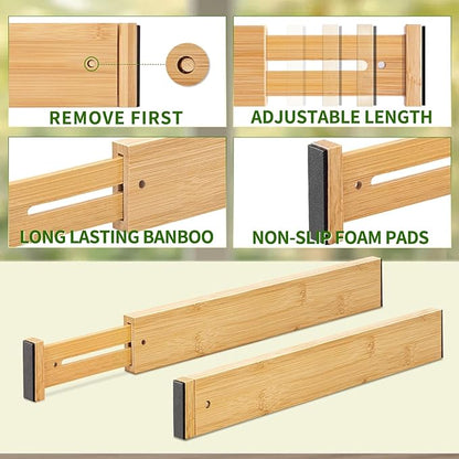 Aubeco 6 pcs Large Bamboo Drawer Dividers, Expandable 17"-22" Wooden Organizers for Kitchen, Office, Dresser, Bedroom, Clothes