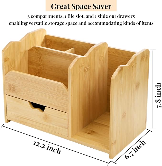 Bamboo Desk Organizer, Multi Use Tabletop Storage Office Supplies with Drawer Pen Holder, 5 Compartments Heavy Duty Desk Accessories for Home Office Organization, No Assembly Required