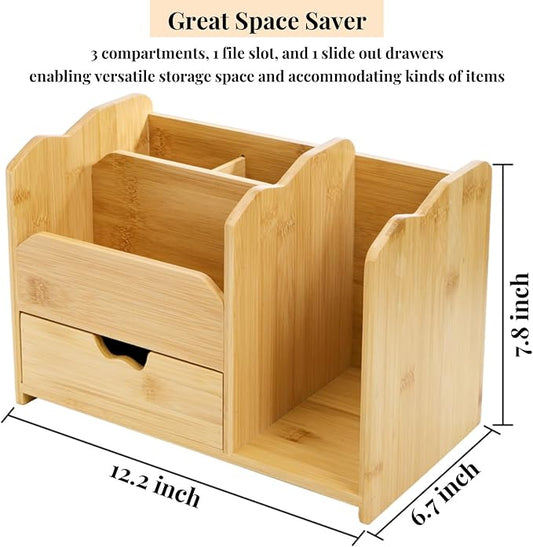 Bamboo Desk Organizer, Multi Use Tabletop Storage Office Supplies with Drawer Pen Holder, 5 Compartments Heavy Duty Desk Accessories for Home Office Organization, No Assembly Required