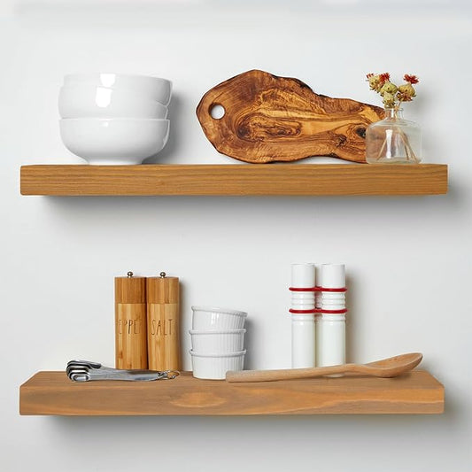 Homeforia 24 inch Golden Oak Floating Shelf, High End Solid Real Wood 24inch Small Floating Shelves for Wall Mounted, Oak Wooden 24in Floating Shelves, Heavy Duty Bracket, 24 X 6.5 X 1.75 in, Set of 3