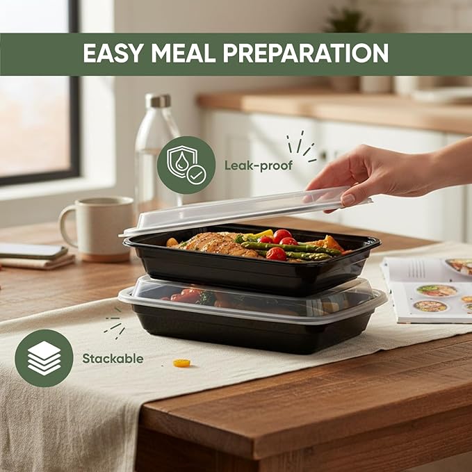 32 oz 50 Pack Meal Prep Containers BPA Free Leakproof Stackable Food Storage Containers with Lids, Microwave & Dishwasher Freezer Safe Reusable To Go Containers Bento Box Style Take Out Clear Plastic