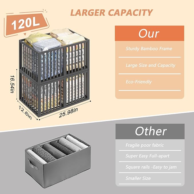 WISUCART 90 L Large Storage Bins, 2 Pack Clothes Storage Bins Foldable Closet Organizers Storage Containers for Clothing, Blanket, Comforters, Bed Sheets, Pillows and Toys(Black Tall (25"×16"x12"))