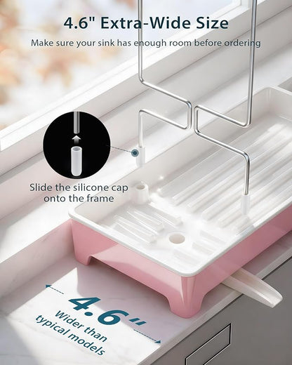 Caumic Minimalist Sink Caddy, Rustproof Sponge Holder for Kitchen Sink with 304 Stainless-Steel Brush Holder, Countertop Rack Organizer with Raised Ridges & Silicone Drain Tube (Blush Pink)