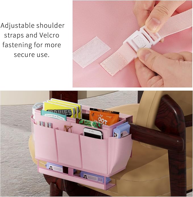 Frjjthchy Bedside Caddy, Bed Organizer with 11 Pockets and Power Strip Holder, Versatile Bedside Storage Caddy for Home,Dorm,Bunk,Hospital,Crib Bed (2 Pack Pink)