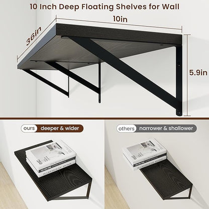 Axeman Deep Floating Shelves | 36 Inch Black Wall Shelves Set of 2 | 10 Inch Deep Wood Floating Shelves for Wall | 36" W x 10" D Black Shelves for Living Room Bathroom Kitchen