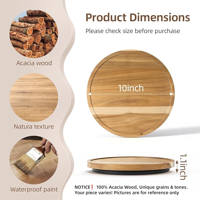 LAMU 10'' Acacia Wood Lazy Susan Organizer for Table Top, Lazy Susan Turntable for Cabinet, Kitchen, Countertop, Pantry Organization