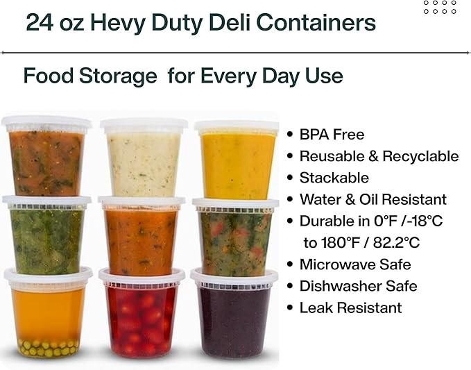 ProTakeOut 24oz [50 set] Heavy Duty Plastic Deli Container | BPA-Free Food Storage with Airtight Leak‑Proof Lids | Microwave, Freezer & Dishwasher Safe – Stackable, Bulk Reusable Soup & Meal Prep Tub