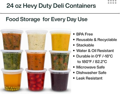 ProTakeOut 24oz [50 set] Heavy Duty Plastic Deli Container | BPA-Free Food Storage with Airtight Leak‑Proof Lids | Microwave, Freezer & Dishwasher Safe – Stackable, Bulk Reusable Soup & Meal Prep Tub