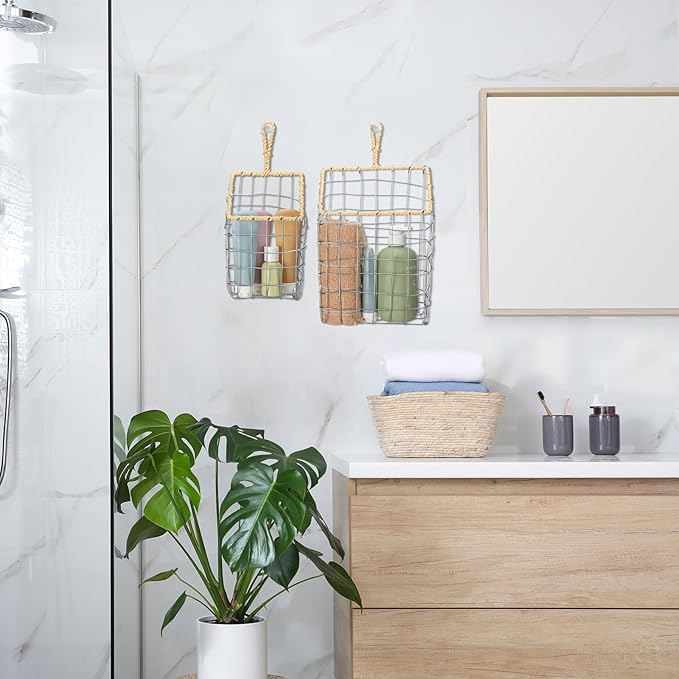 2 Pcs Hanging Storage Baskets Iron Wire Handwoven Wall Baskets with Wicker Hook Rustic Wall Mounted Organizer for Organizing Mail Files Accessories Kitchen Bathroom Pantry Farmhouse Decor