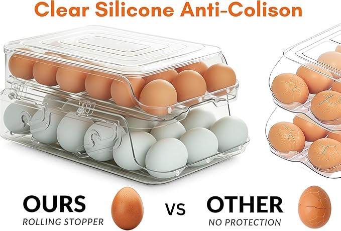 Egg Holder for Fridge (36 Eggs) | Automatic Rolling Dispenser for Refrigerator, Foldable | Fits All Egg Sizes Without Collision, Clear, Durable, BPA-Free with Lid | Gift: Egg Separator