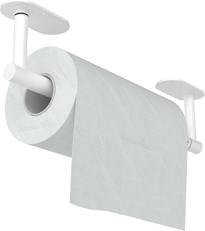 White Paper Towel Holder Under Cabinet, Self Adhesive or Wall Mounted SUS304 Stainless Steel Paper Towel Holder for Kitchen, Bathroom, Farmhouse, Barbecue and Laundry (White)
