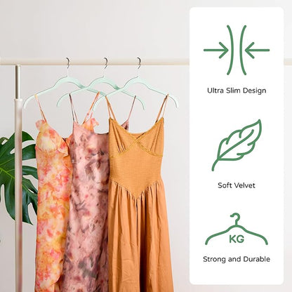 SIshynio 30 Pack Velvet Hangers – Non-Slip Slim Clothes Hangers with 360° Swivel Hook, Space-Saving Flocked Shirt Hangers for Coats, Dresses, Blouses, Suits(Green)