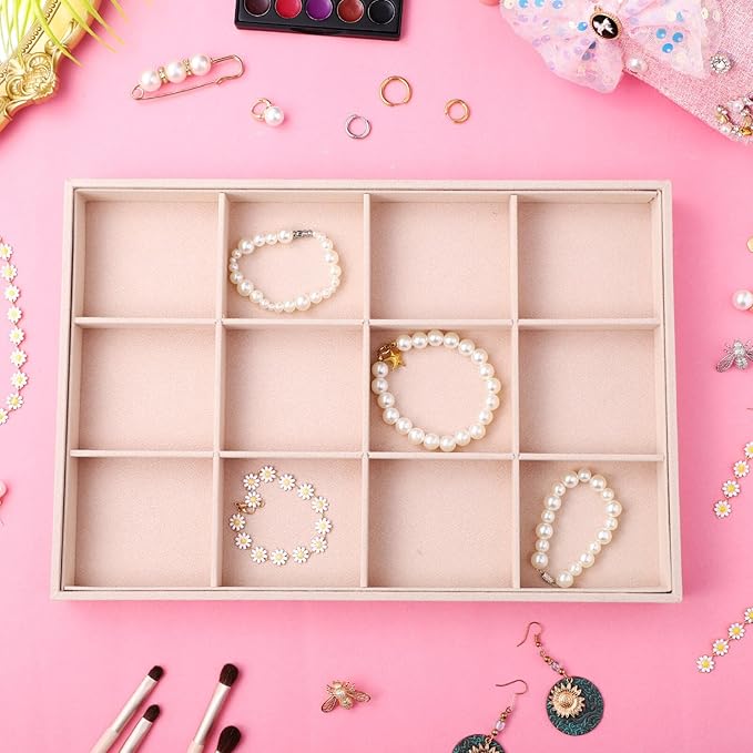Zerodeko 2 Pcs Velvet Jewelry Organizer Tray with Adjustable Compartments Stackable 12-Grid Jewelry Display Insert for Drawer Storage and Home Decor
