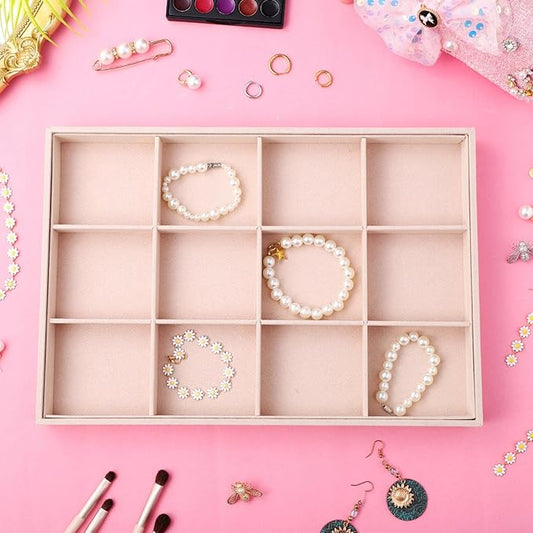Zerodeko 2 Pcs Velvet Jewelry Organizer Tray with Adjustable Compartments Stackable 12-Grid Jewelry Display Insert for Drawer Storage and Home Decor