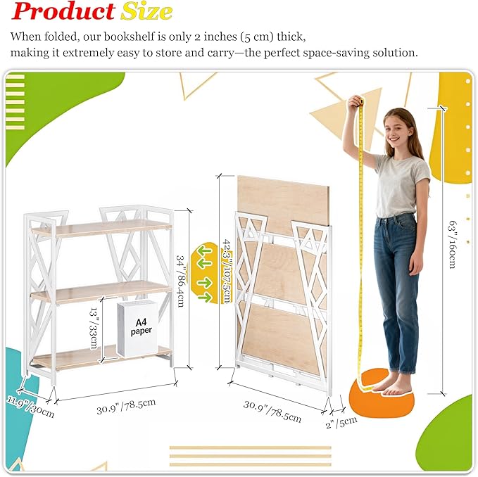 UDD No Assembly Wide Folding Bookshelf, 34" H x 30.9" W, 3 Tier Foldable Book Shelf Industrial Bookcase, Vintage Collapsible Storage Shelves for Home Office Living Room Bedroom, Light Oak White