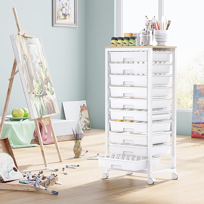 Rolling Cart with Drawers,10 Drawer Rolling Cart,Rolling storage cart with drawers,White Rolling Drawer Cart,Teacher Rolling Cart for Classroom Storage,Craft Cart with Wooden Tabletop