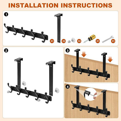 persevere Over The Door Hooks with Auto-Locking Design, Rustproof Multi-Functional Coat Rack, Bathroom Towel Holder, Space-Saving Door Hanging Organizer with 5 Hooks for Clothes and Towels (Black)
