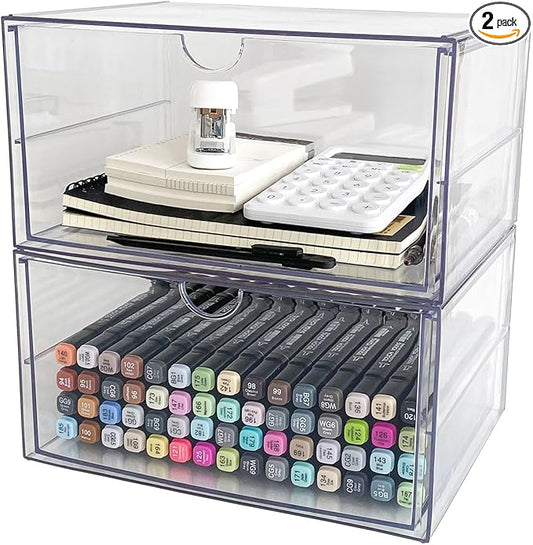 NINEWEEN Clear Desk Organizers and Accessories, 2 Pack Plastic Drawer Organizer for Office Supplies, Marker Pen, Art Crafts, Stationery, Coffee Pods, Stackable Home Storage (2 Drawers)