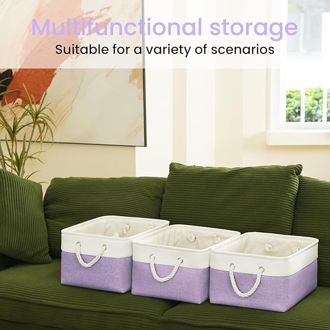 Large Storage Baskets- 15.7x11.8x8.26 inch Storage Bins for Shelves and Closet Organizing, Foldable Fabric Bin for Home Organization Clothes and Laundry (1-Pack, White&Purple)