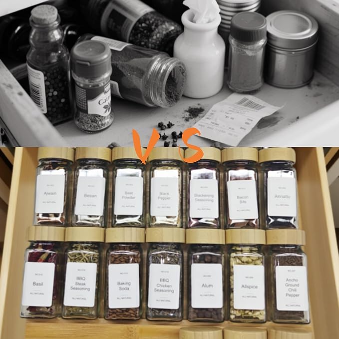 KitHero Spice Drawer Organizer with 24 Bamboo-lidded Spice Jars and 216 Labels,Non-slip Rubber, Bamboo 4 Tier Spice Racks Tray Seasoning Containers for Kitchen Drawers,Cabinets,13" Wide * 15.8" Deep