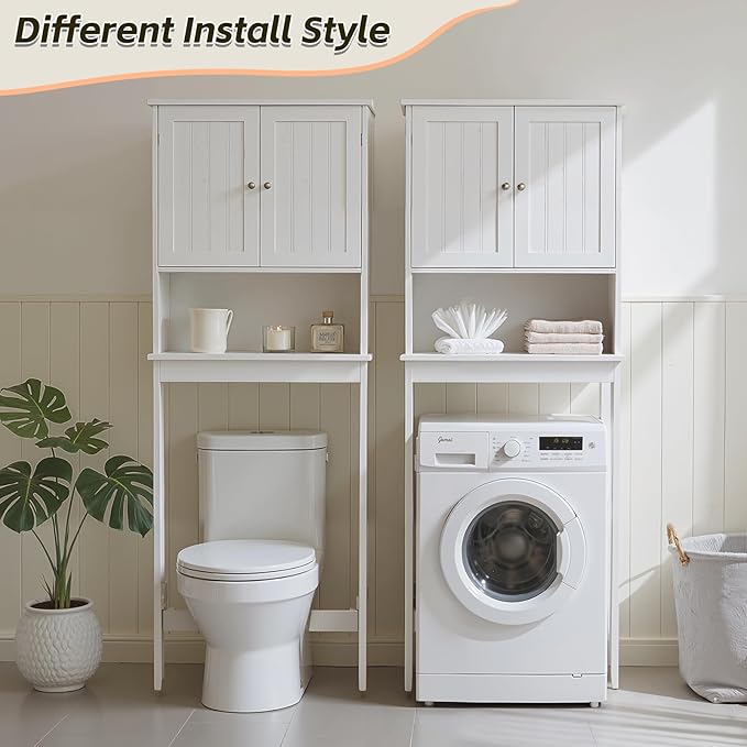 GORZING Over The Toilet Storage Cabinet, Behind Toilet Bathroom Organizer with Adjustable Shelves, Above Toilet Organizers with Barn Door, Space Saver for Restroom, Bathroom, Laundry