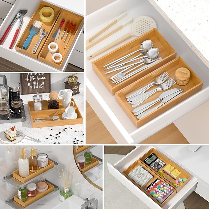 Bamboo Drawer Organizer, Stackable Utensil Organizer for Kitchen, Bamboo Storage Box Wood Silverware Tray for Drawer 15" x 6" x 2" Set of 2