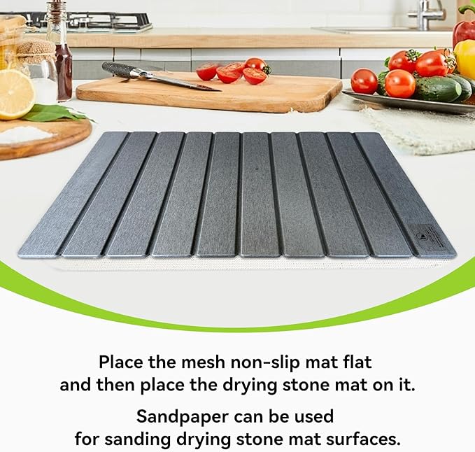Large Stone Dish Drying Mats for Kitchen Counter - 24"(L)×16"(W) Quick Dry Collapsible Dish Drying Mat for Dishes Bottles Cups, Eco-friendly Diatomaceous Earth Absorbent Mat for Any Countertop Gray