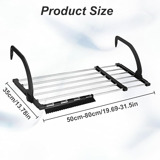 Portable Clothes Drying Rack for Balcony Railings Windowsill, Folding Towel Rack Indoor Outdoor Retractable Laundry Rack with Sock Clips for Drying Socks (Large)