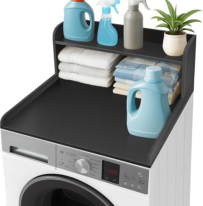 Royxen Washer Dryer Countertop with Shelf,2-Tier Laundry Countertop for Single Washer and Dryer,Soild Wood Core Washer Dryer Topper for Laundry Room Organization (Black) ﻿