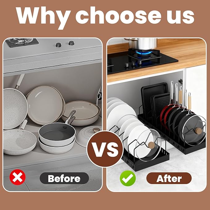 WODHMIEY 2 Pcs Pots and Pans Organizer Under Cabinet - Expandable Pull Out Cabinet Organizer for Pots and Pans, Pan and Lid Organizers Inside Cabinet, Adjustable Storage Rack (BLACK)